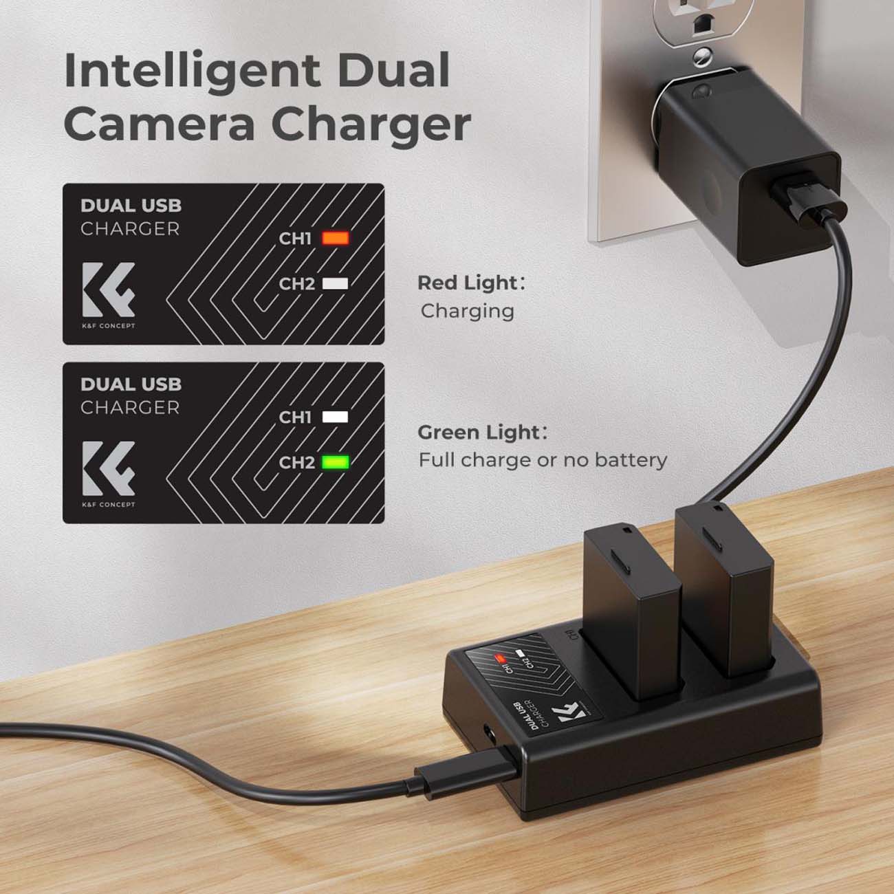 نمای کاربردی از کیت باتری و شارژر کی اند اف K&F Concept KF28.0028 2-Pack LP-E10 Dual USB Charger Set