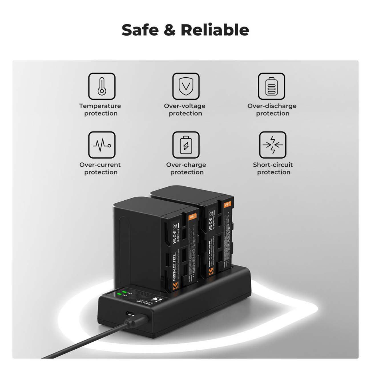 نمای کاربردی باتری و شارژر کی اند اف K&F Concept 2-Pack NP-F970 Battery with Dual Battery Charger