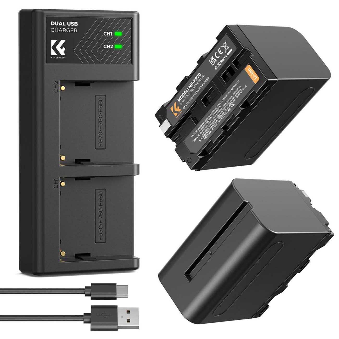 نمای کلی از کیت باتری و شارژر کی اند اف K&F Concept 2-Pack NP-F970 Battery with Dual Battery Charger