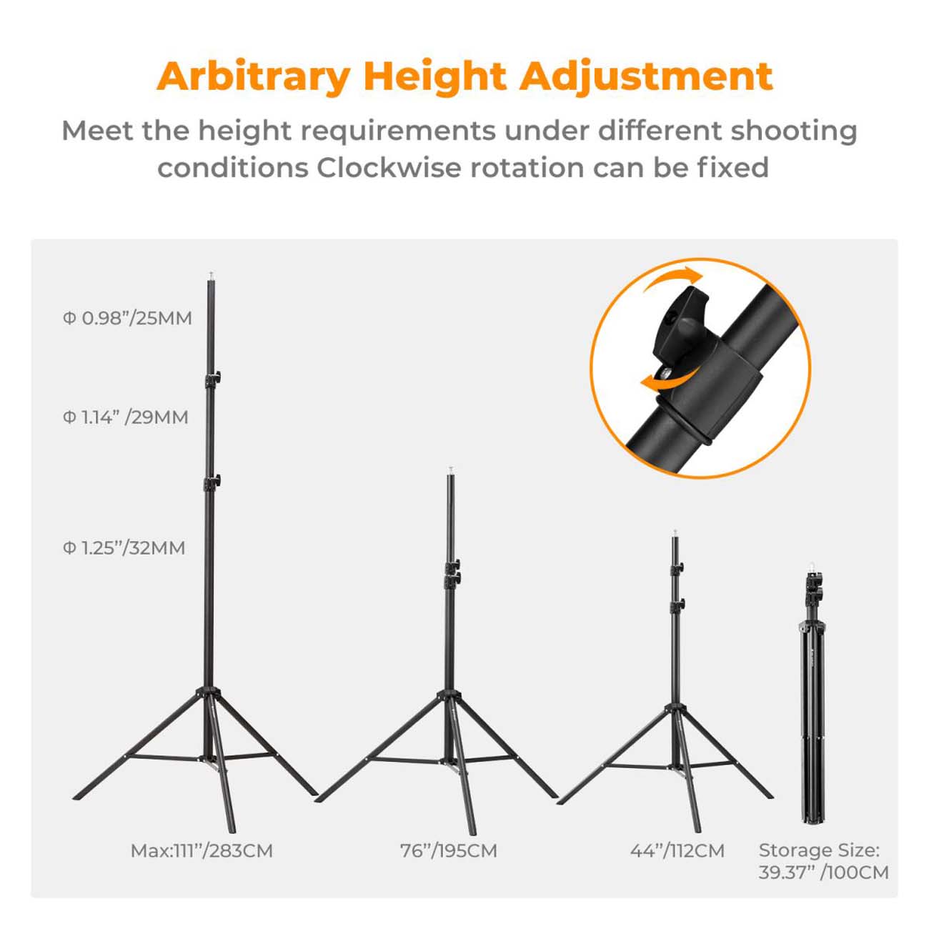 نمای ارتفاع سه‌پایه نور کی‌انداف K&F Concept KF34.043 2.8m Portable Metal Light Stand