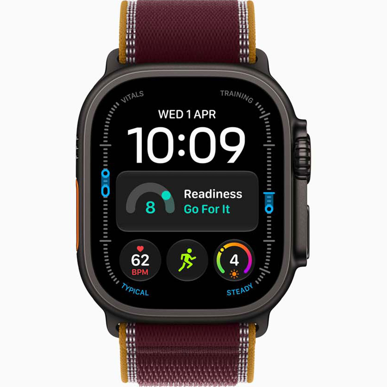 نمای روبه رو اپل واچ اولترا 4 Apple Watch Ultra 4 GPS + Cellular 49mm Black Titanium Case with Burgu