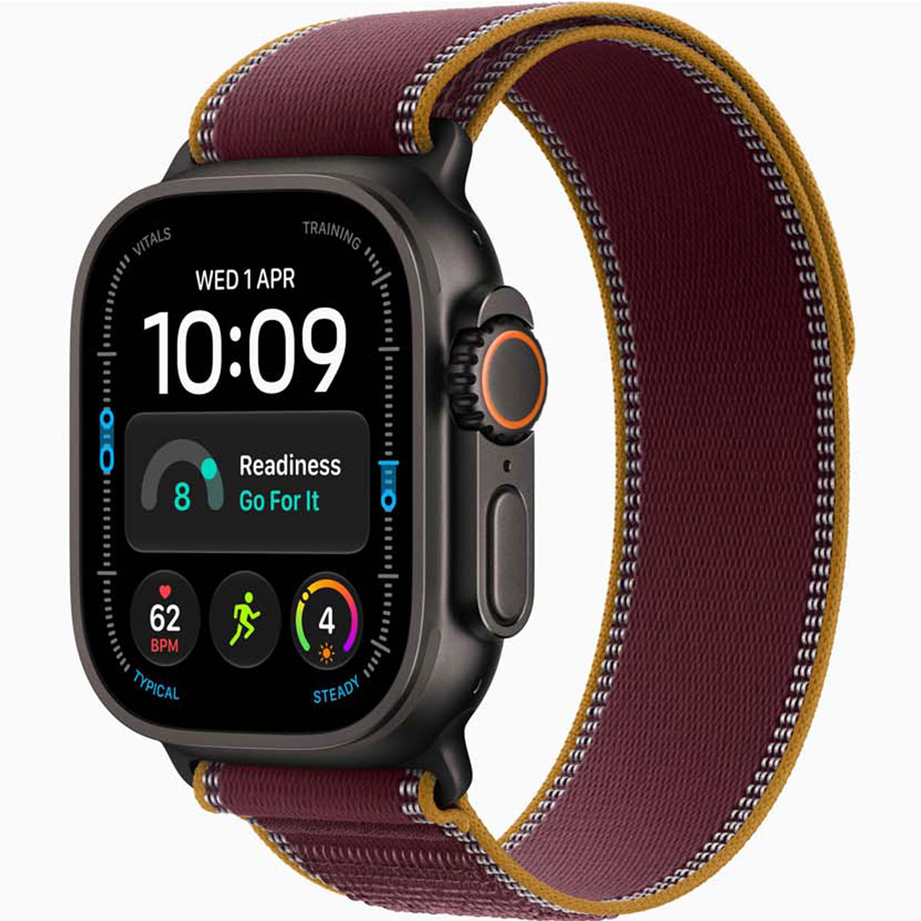 نمای جانبی اپل واچ اولترا 4 Apple Watch Ultra 4 GPS + Cellular 49mm Black Titanium Case with Burgund