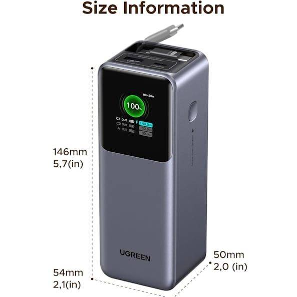 پاور بانک با کابل جمع شونده UGREEN 20000mAh 165W Power Bank with Retractable Cable