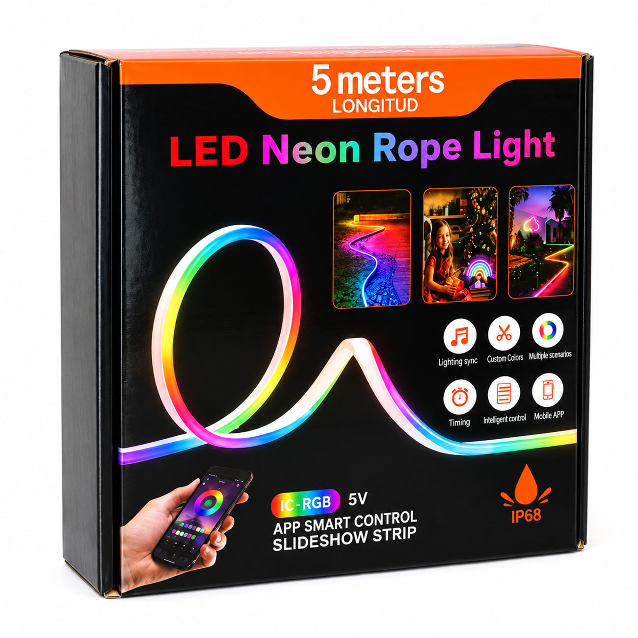 نمای جانبی جعبه ریسه هوشمند 5 متری Rope Lighte 5m IC-RGB Programmable Neon Flex Lighting