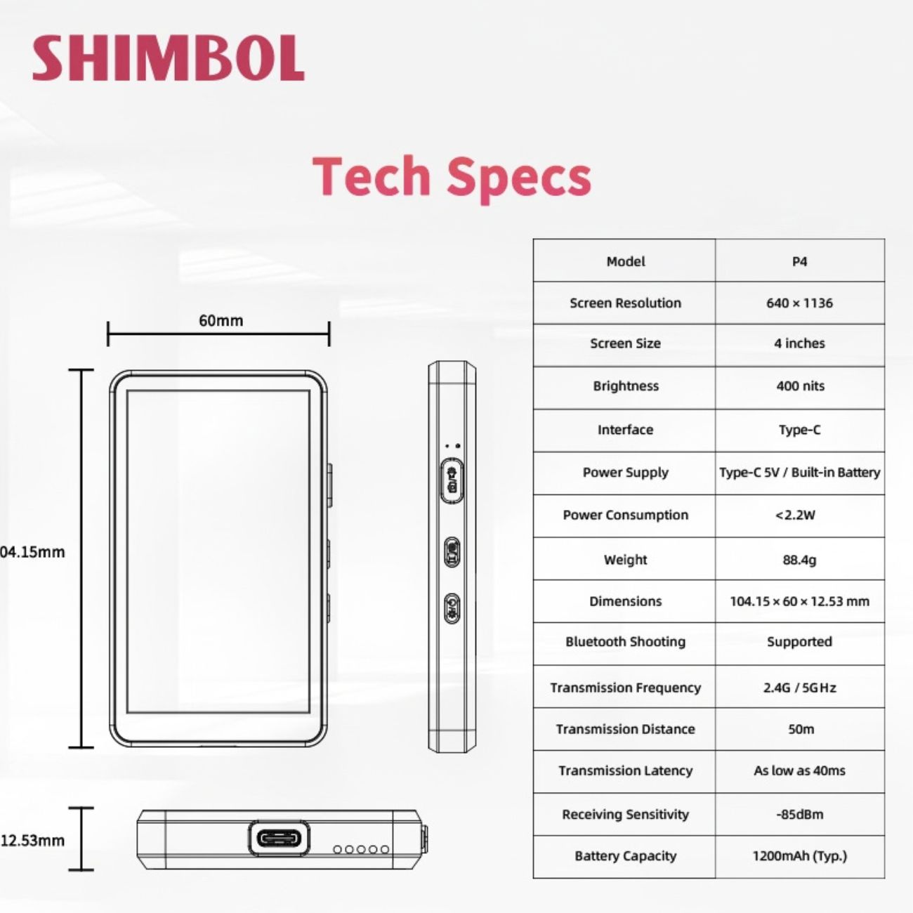 نمای اندازه ها مانیتور سلفی موبایل 4 اینچ شیمبول Shimbol P4 Selfie Monitor for Smartphone