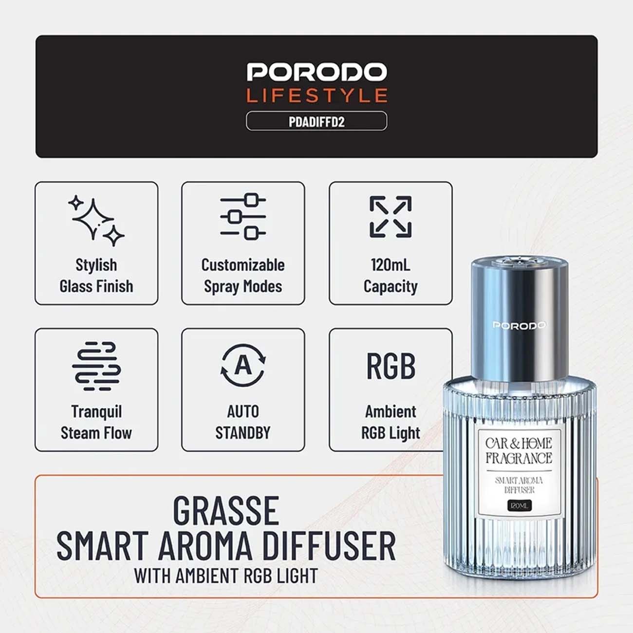 نمای کاربردی از خوشبوکننده خودرو پرودو Porodo PDADIFFD2 Grasse Smart Car & Home Aroma Diffuser