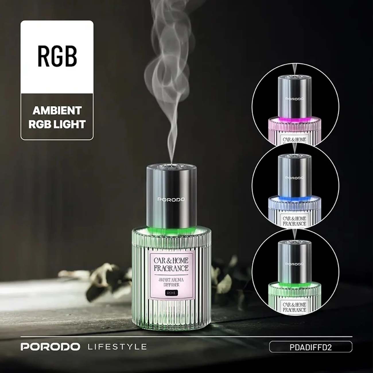 نمای کاربردی از خوشبوکننده خودرو هوشمند پرودو Porodo PDADIFFD2 Grasse Smart Car & Home Aroma Diffuse