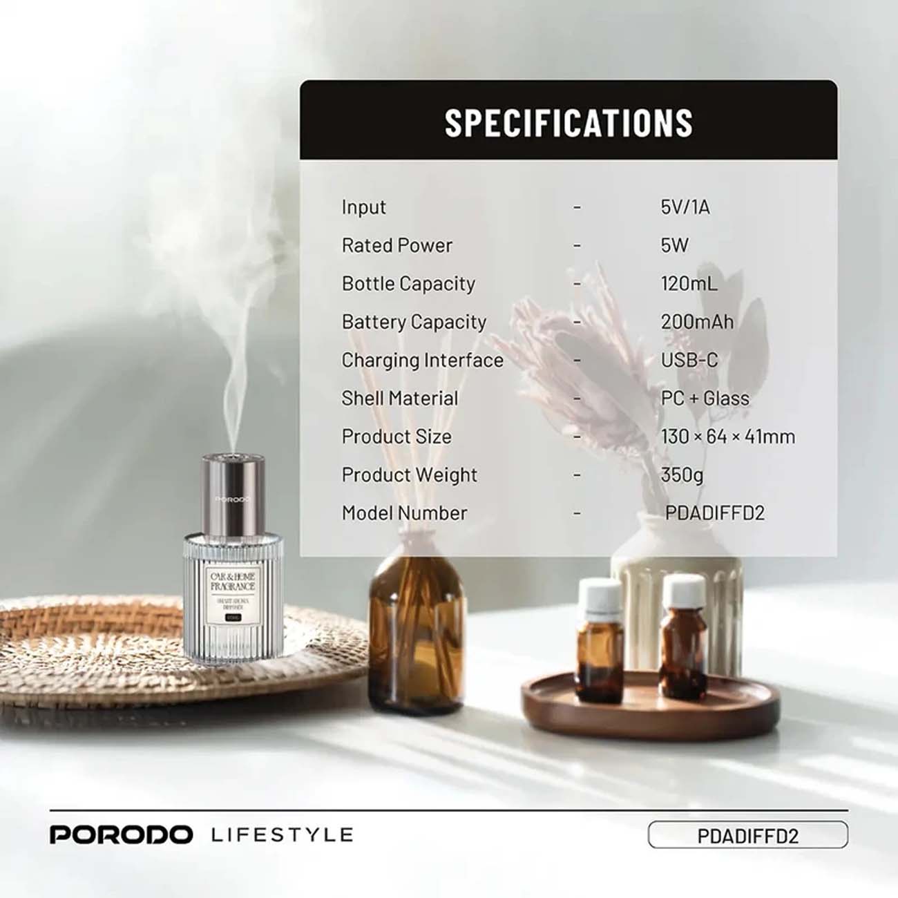 نمای توضیحات خوشبوکننده هوشمند پرودو Porodo PDADIFFD2 Grasse Smart Car & Home Aroma Diffuser