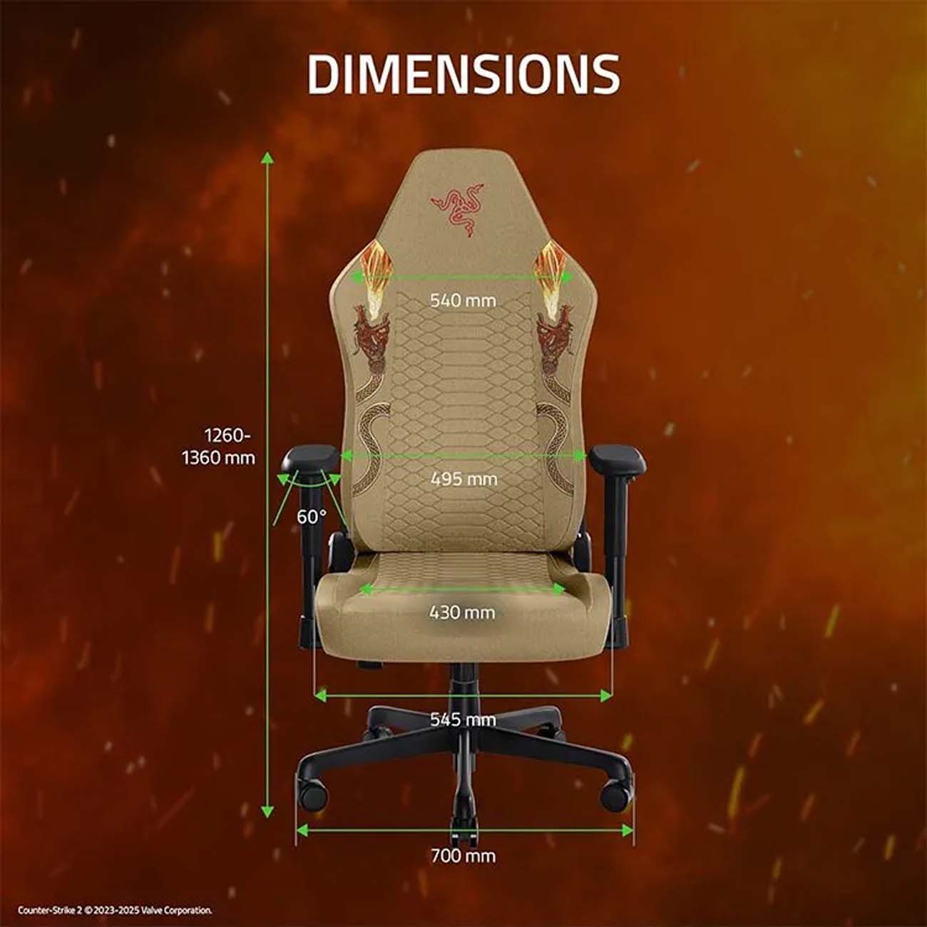 نمای ابعاد صندلی گیمینگ ریزر Razer Iskur V2 X Counter Strike 2 Edition Gaming Chair