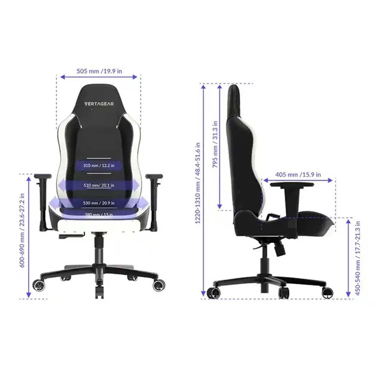 نمای ابعاد صندلی گیمینگ ورتاگیر Vertagear Sl3800 Gaming Chair