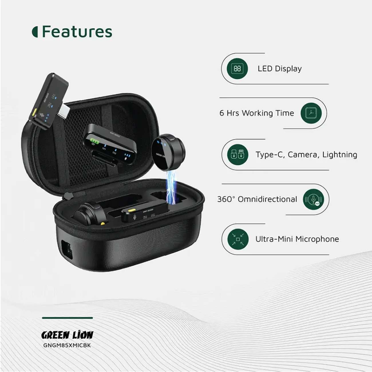 نمای توضیحات میکروفون یقه‌ای بی‌سیم گرین‌لاین Green Lion GM-85X 3 In 1 Wireless Microphone