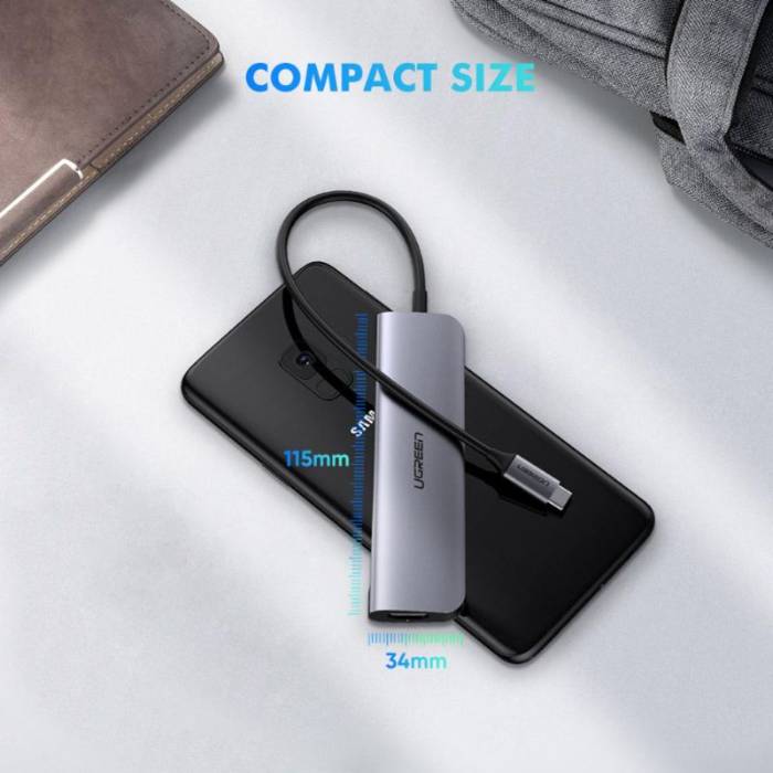 اندازه هاب 5 پورت یوگرین UGREEN CM136 5-in-1 USB-C Hub