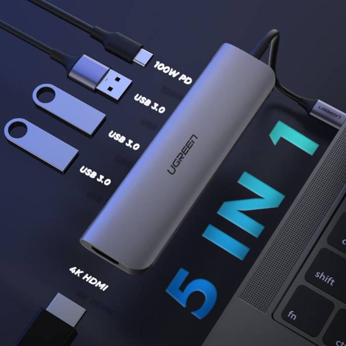 پورت هاب 5 پورت یوگرین UGREEN CM136 5-in-1 USB-C Hub