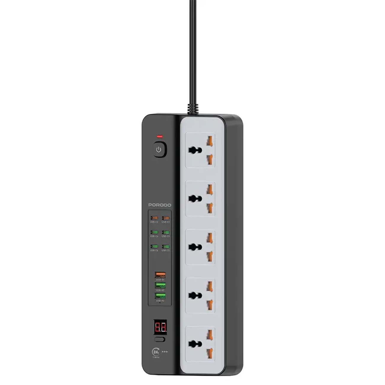 نمای روبه رو چند راهی برق پرودو Porodo PDFWCH098BK 3000W 5AC Universal Power Strip with 9 USB Ports