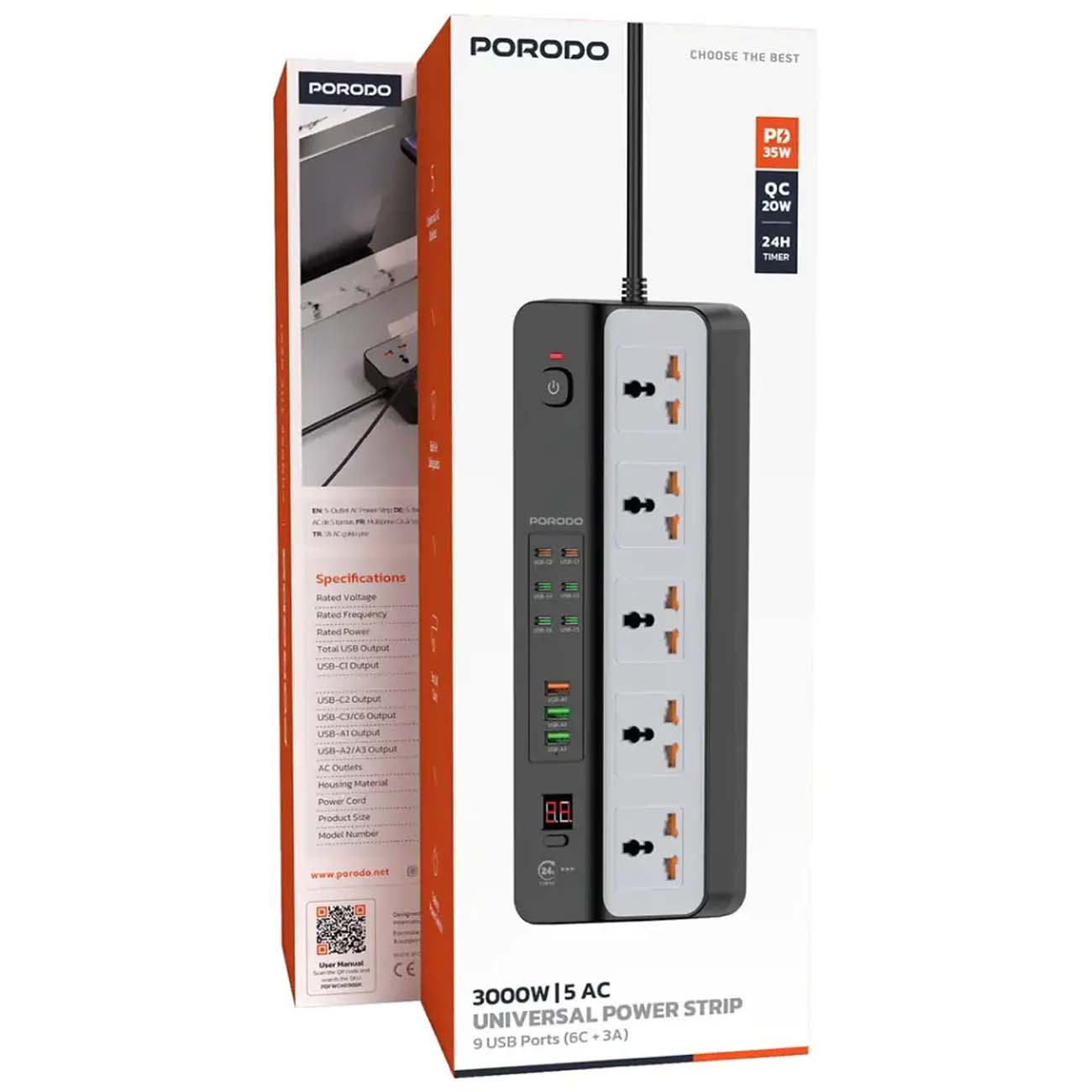 نمای جعبه چند راهی برق پرودو Porodo PDFWCH098BK 3000W 5AC Universal Power Strip with 9 USB Ports