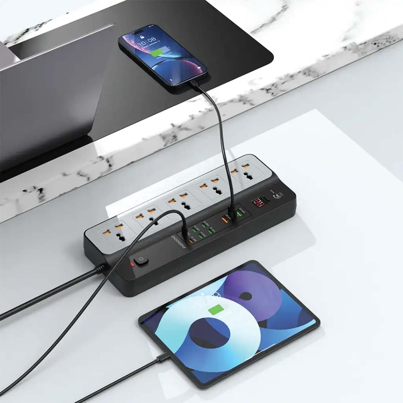 نمای کاربردی چند راهی برق پرودو Porodo PDFWCH098BK 3000W 5AC Universal Power Strip with 9 USB Ports