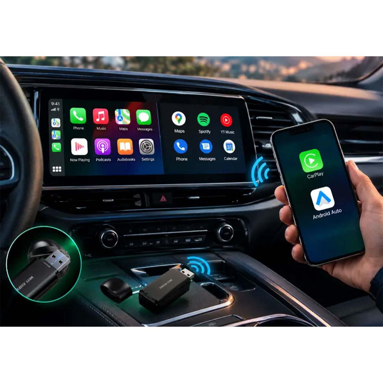 نمای کاربردی دانگل کارپلی و اندروید اتو گرین لاین Green Lion 2-In-1 Wireless Adapter CarPlay & Andro
