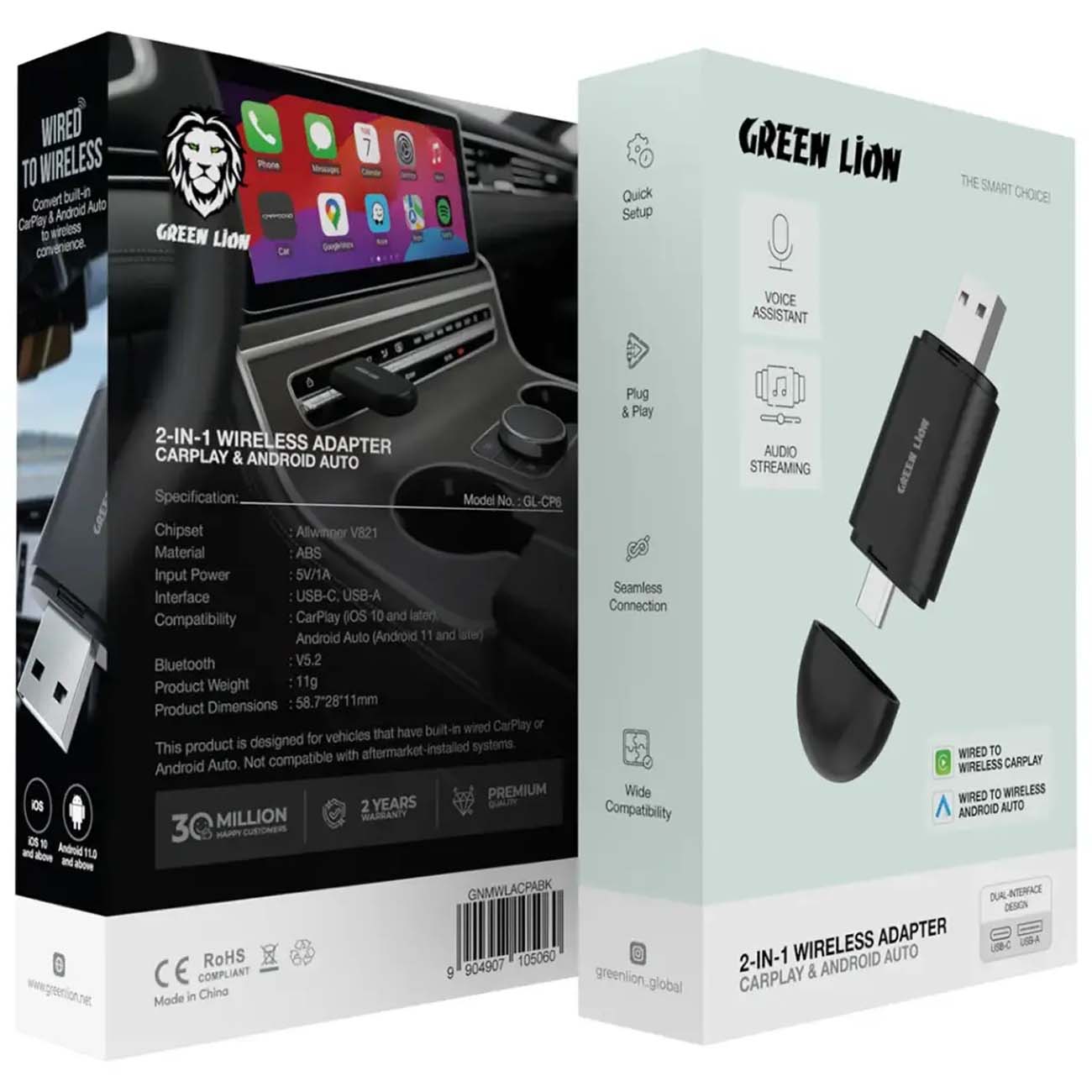 نمای جعبه دانگل کارپلی و اندروید اتو گرین لاین Green Lion 2-In-1 Wireless Adapter CarPlay & Android 