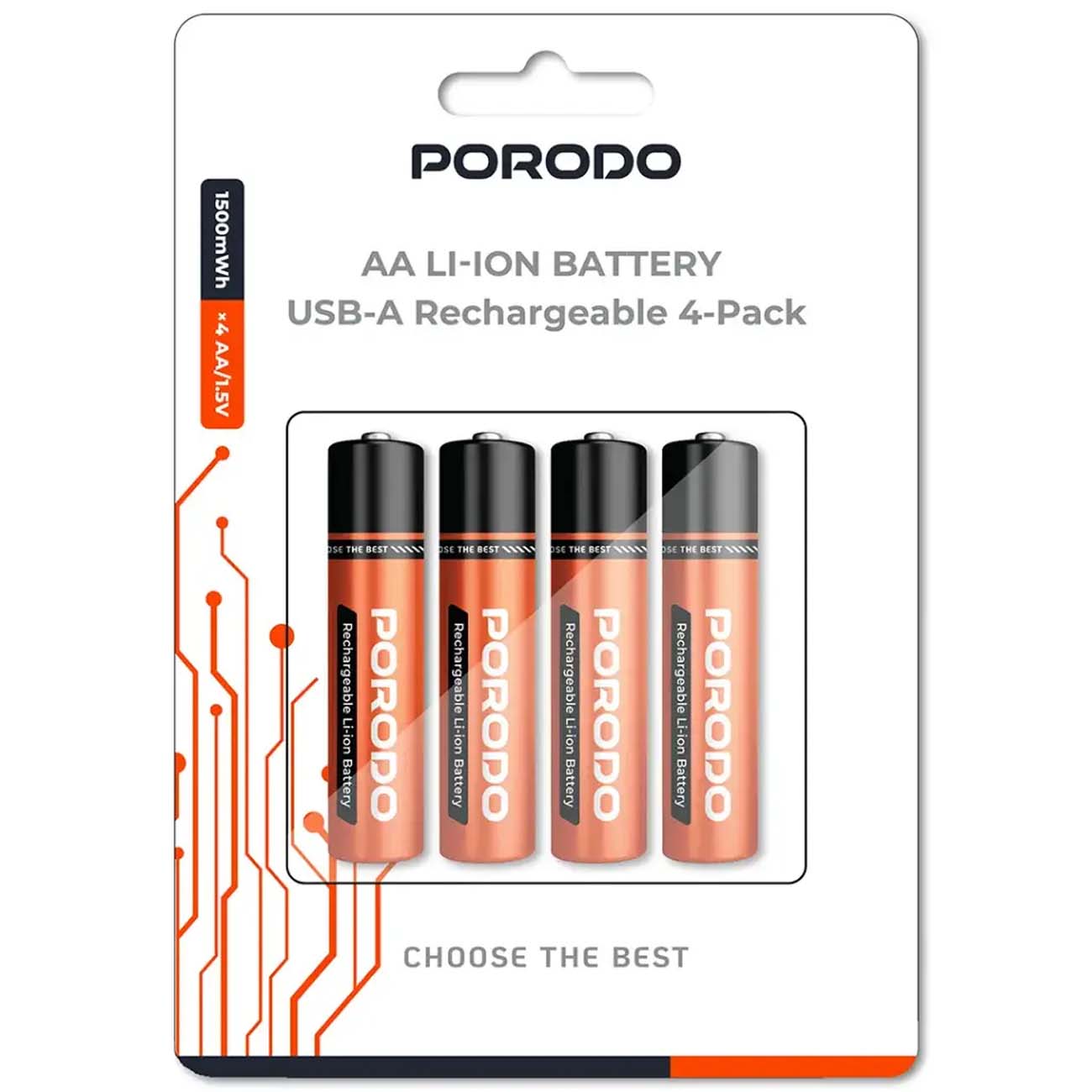 نمای جعبه باتری قلمی قابل شارژ پرودو Porodo AA Li-Ion Battery USB-A Rechargeable 4-Pack