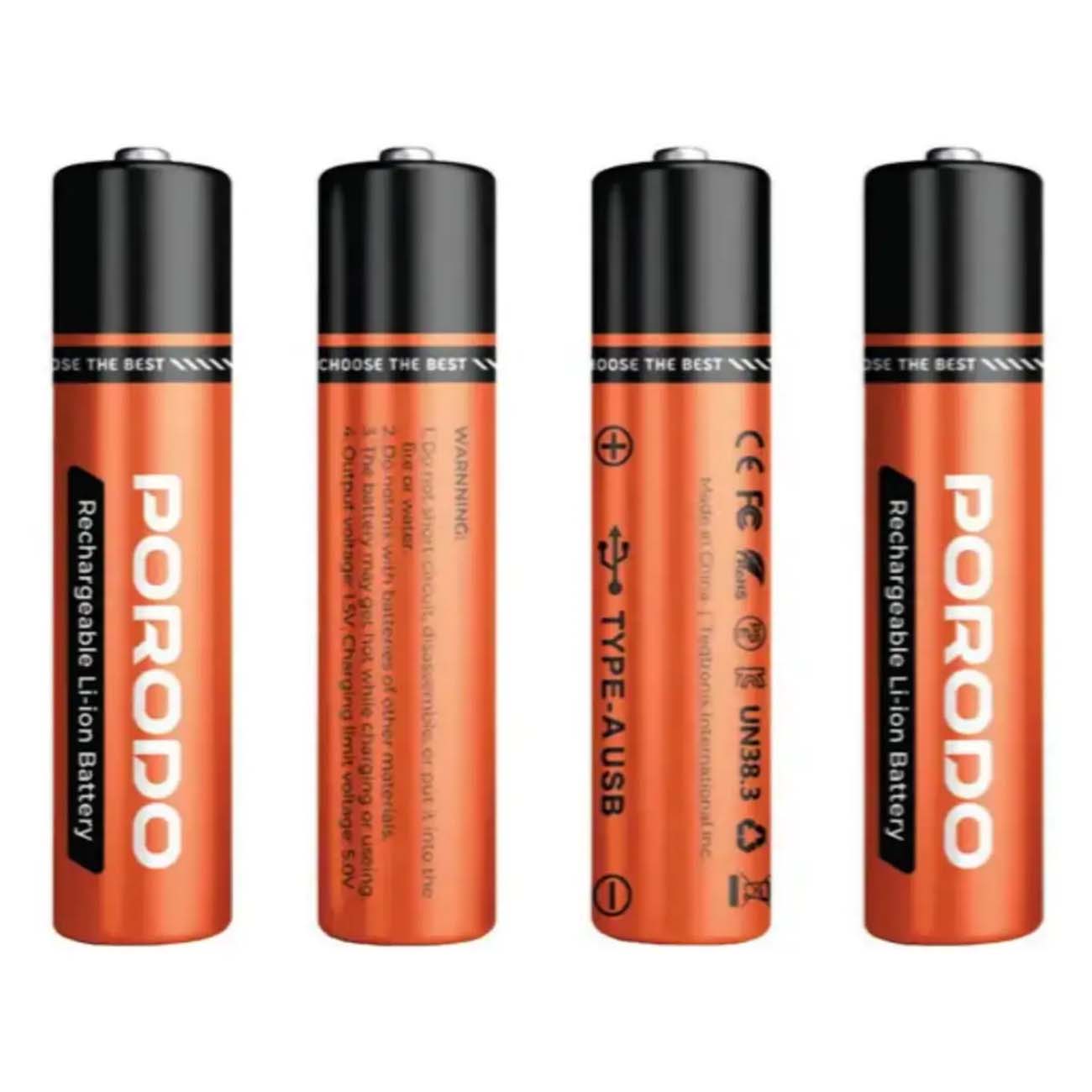 نمای روبه رو باتری قلمی قابل شارژ پرودو Porodo AA Li-Ion Battery USB-A Rechargeable 4-Pack