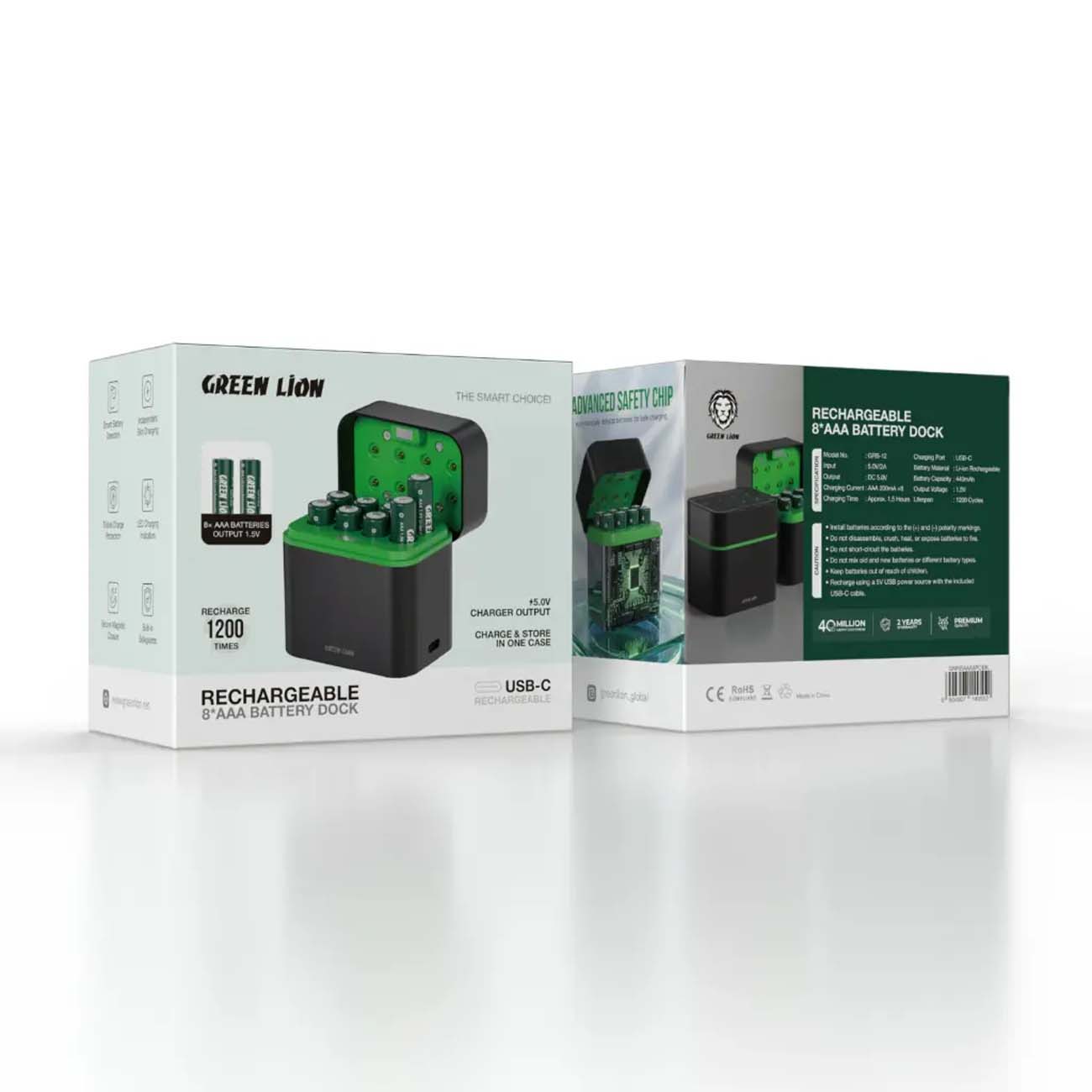 نمای جعبه شارژر باتری نیم‌قلمی گرین لاین Green Lion GRB-12 Rechargeable AAA Battery Charger with 8 B