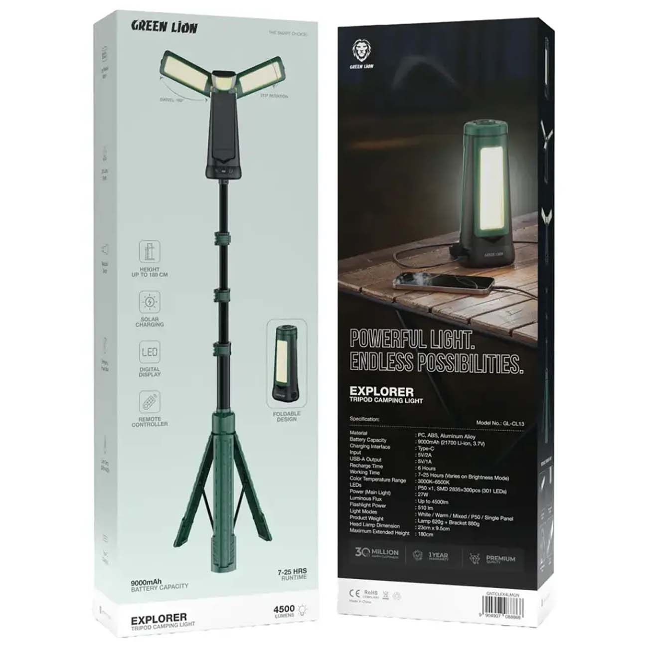 نمای جعبه چراغ کمپینگ شارژی گرین لاین Green Lion GNTCLEX4LM Explorer Tripod Camping Light