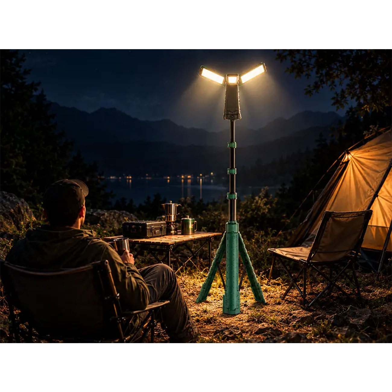 نمای کاربردی از چراغ کمپینگ گرین لاین Green Lion GNTCLEX4LM Explorer Tripod Camping Light