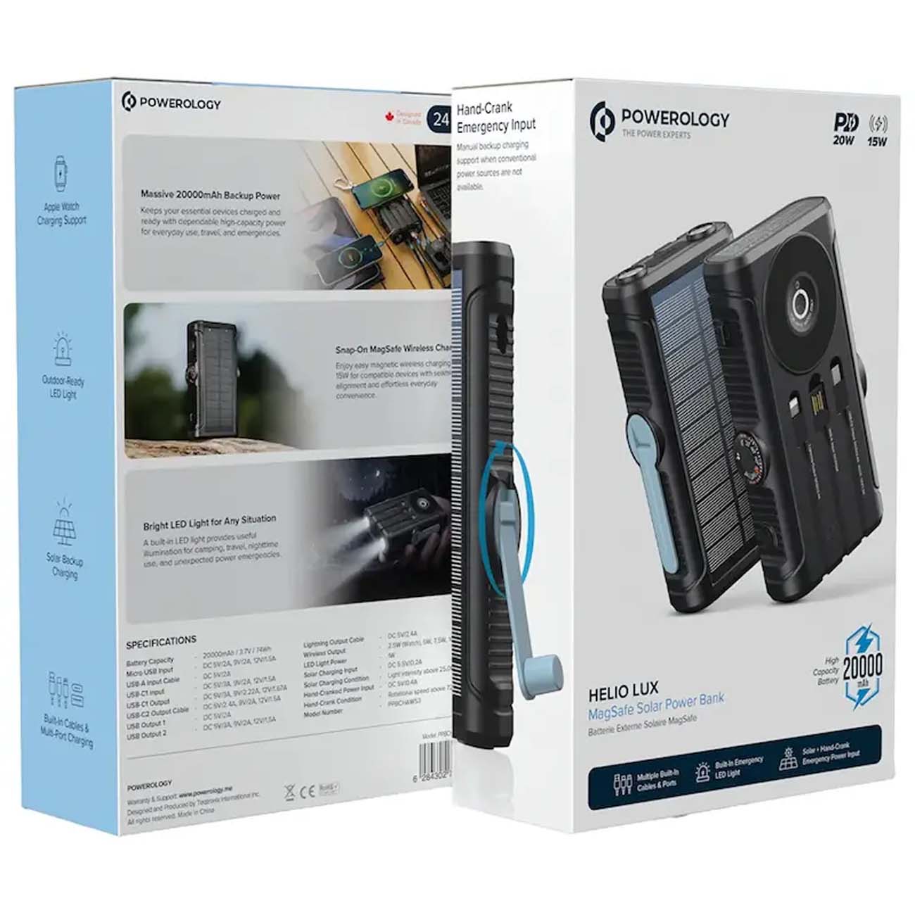 نمای جعبه پاوربانک خورشیدی پاورولوژی Powerology 20000mAh Helio Lux MagSafe Solar Power Bank