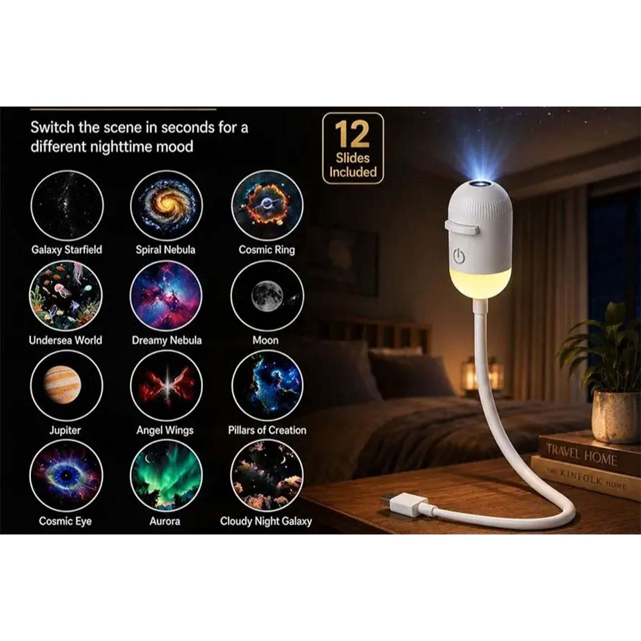 نمای توضیحات مینی چراغ کهکشانی Starry Sky USB 12 Disc Galaxy Projector Night Light