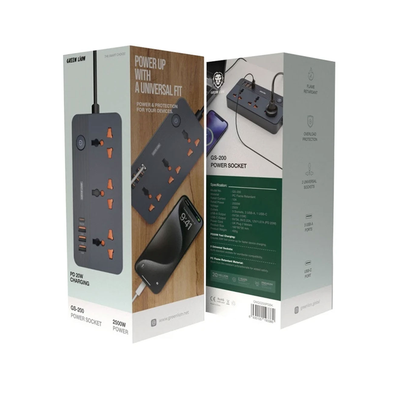 نمای جعبه چندراهی برق و شارژر گرین لاین Green Lion GS-200 2500W Power Socket