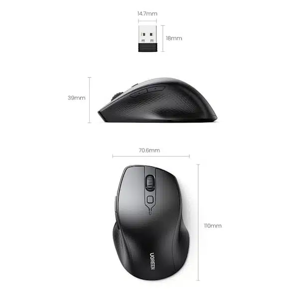 عکس از نماهای مختلف ماوس مشکی UGREEN 2.4GHz MU101 Dual Mode Wireless Mouse