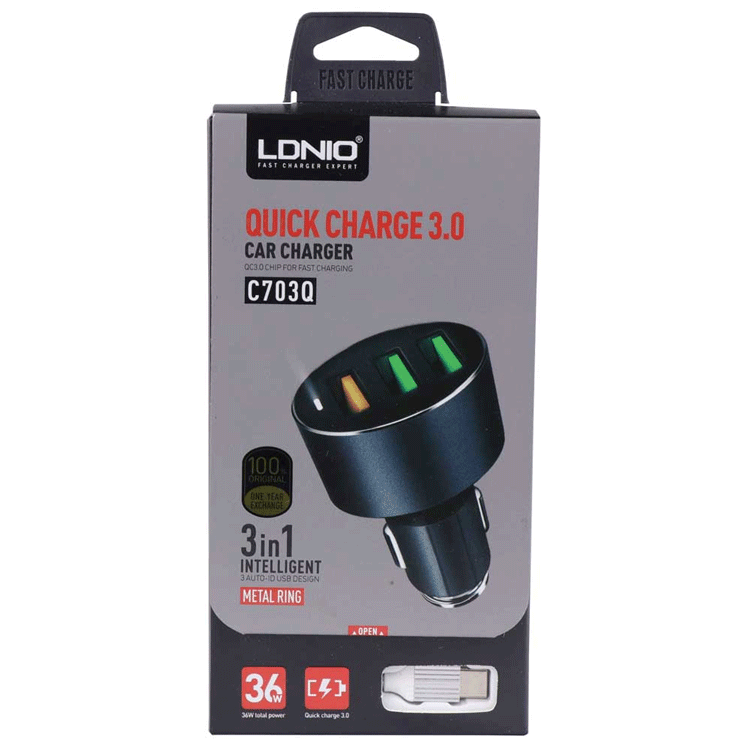 شارژر فندکی LDNIO C703Q Fast دارای ۳ پورت است که به شما اجازه می دهد شه دستگاه را به صورت همزمان شارژ کنید ودارای یک کابل همراه است که سری Type-C دارد
