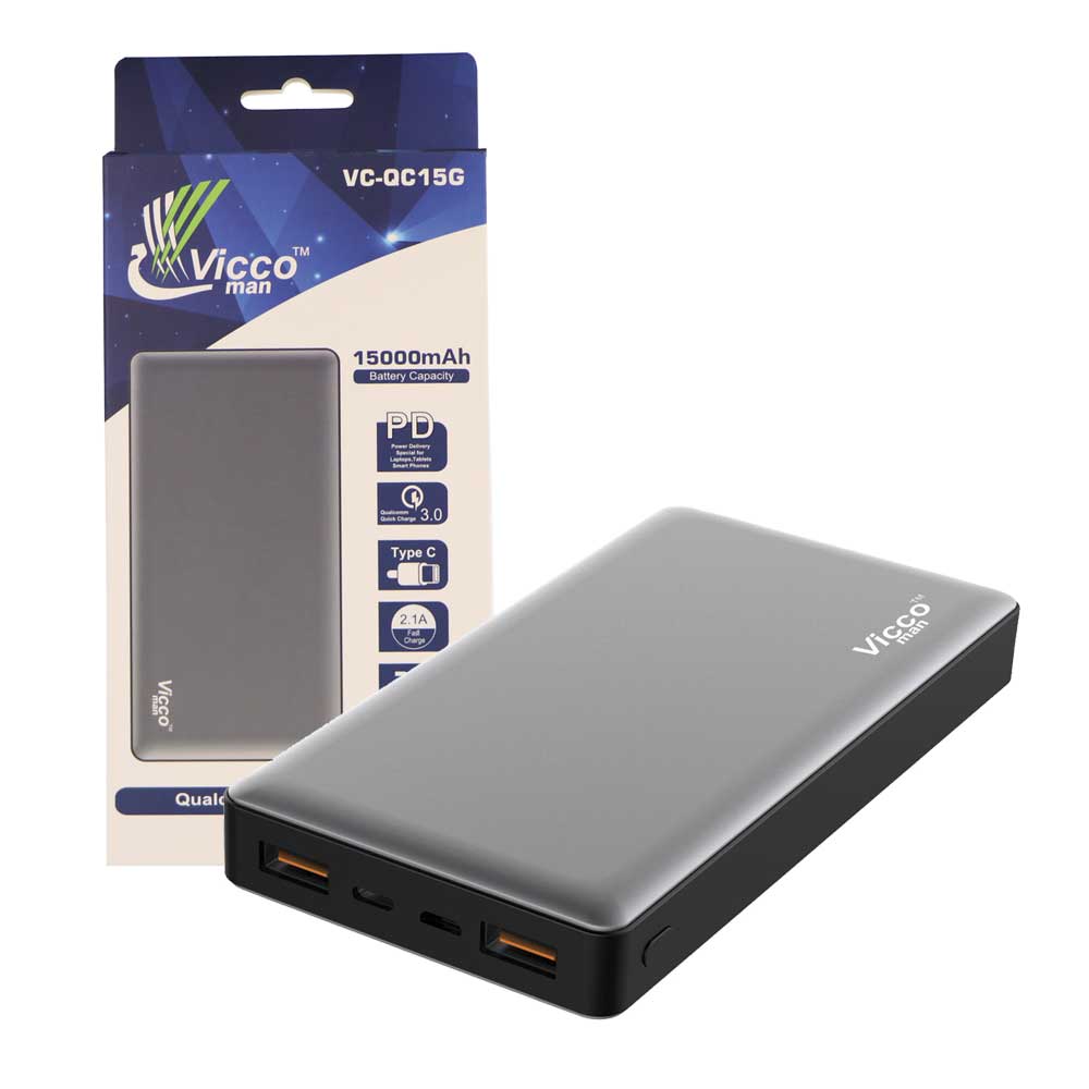 پاور بانک ویکو Vicco VC-QC15G 15000mAh Power Bank قابلیت شارژ سریع Quick Charge 3.0 که نوع باتری انها لیتیوم پلیمر است و دارای کابل تایپ سی میباشد.